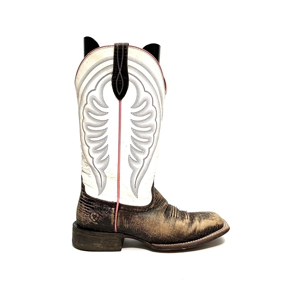 Vintage Y2K women’s brown and white leather square toe pink trim cowboy boots